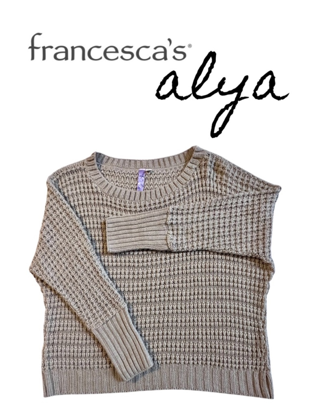 FRANCESCAS ALYA Tan Long Sleeve Sweater Textured Crew Neck Light Brown Taupe L